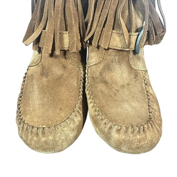 Born Fringe Suede Ankle Boots Brown Moc Toe Western Boho Size 9 Heeled bootie - Picture 11 of 11